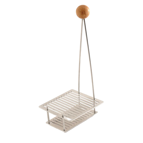 Metal rack with individual slots for 12 canning lids and a 10-inch handle topped with a wooden knob that stays cool, ideal for food preservation and homesteading uses.