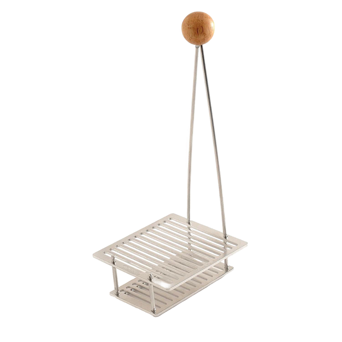 Metal rack with individual slots for 12 canning lids and a 10-inch handle topped with a wooden knob that stays cool, ideal for food preservation and homesteading uses.