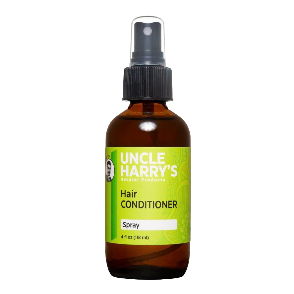 Amber spray bottle with a green label for a natural leave-in hair conditioner, featuring a non-greasy formula made in USA, ideal for health and wellness and grooming collections.