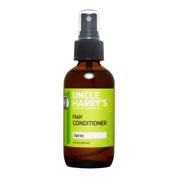 Amber spray bottle with a green label for a natural leave-in hair conditioner, featuring a non-greasy formula made in USA, ideal for health and wellness and grooming collections.