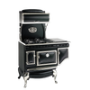 Black and nickel-trimmed antique-style range with gas burners, porcelain cooktop, and oven doors featuring vintage detailing, handcrafted and featured in Stoves and Best Sellers collections.