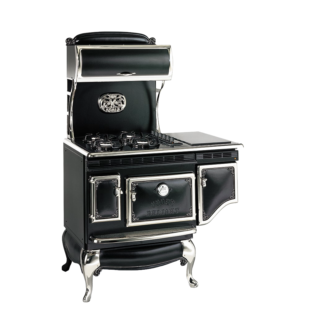 Black and nickel-trimmed antique-style range with gas burners, porcelain cooktop, and oven doors featuring vintage detailing, handcrafted and featured in Stoves and Best Sellers collections.