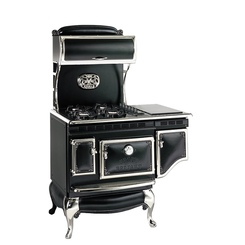 Black and nickel-trimmed antique-style range with gas burners, porcelain cooktop, and oven doors featuring vintage detailing, handcrafted and featured in Stoves and Best Sellers collections.