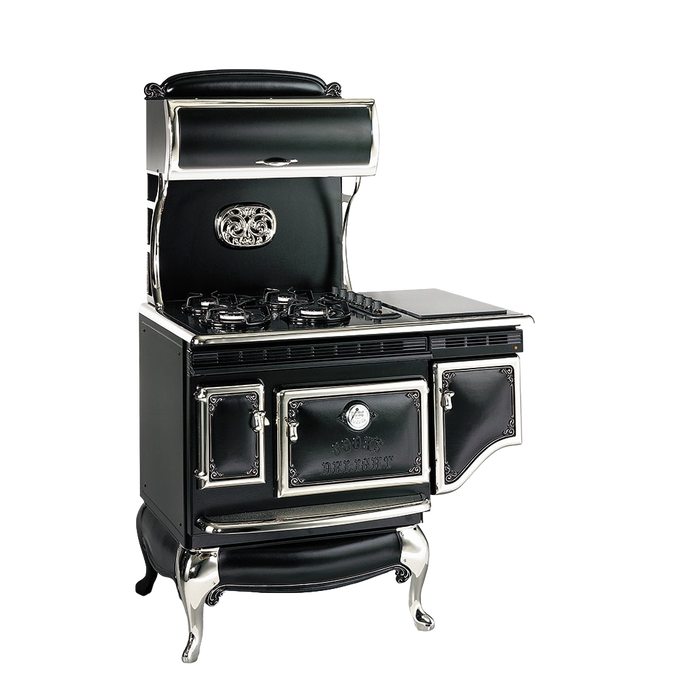 Black and nickel-trimmed antique-style range with gas burners, porcelain cooktop, and oven doors featuring vintage detailing, handcrafted and featured in Stoves and Best Sellers collections.