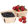 Two handcrafted poplar wood berry baskets, one filled with fresh blueberries and the other with ripe strawberries, styled for Farm, Garden & Tool and Garden Accessories collections.
