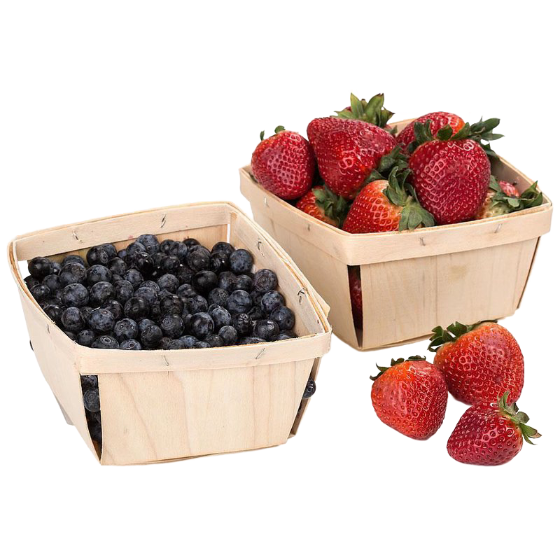Two handcrafted poplar wood berry baskets, one filled with fresh blueberries and the other with ripe strawberries, styled for Farm, Garden & Tool and Garden Accessories collections.