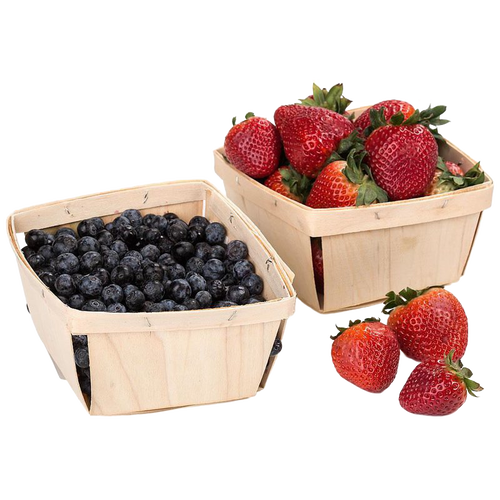 Two handcrafted poplar wood berry baskets, one filled with fresh blueberries and the other with ripe strawberries, styled for Farm, Garden & Tool and Garden Accessories collections.