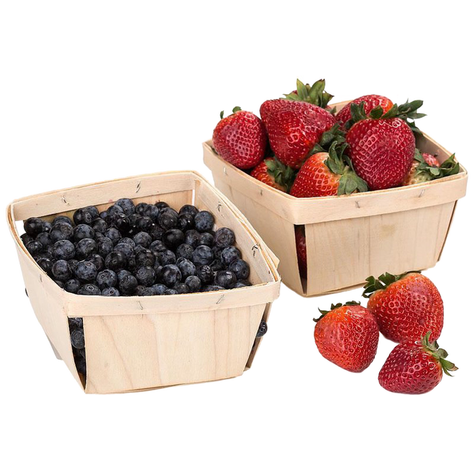 Two handcrafted poplar wood berry baskets, one filled with fresh blueberries and the other with ripe strawberries, styled for Farm, Garden & Tool and Garden Accessories collections.