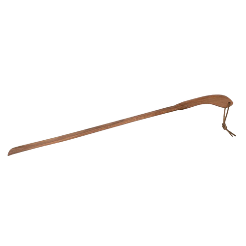Extra-long handcrafted oiled oak shoe horn with a curved handle and leather hanging strap, designed for easy shoe wearing, featured in Health & Wellness and Household Helpers collections.