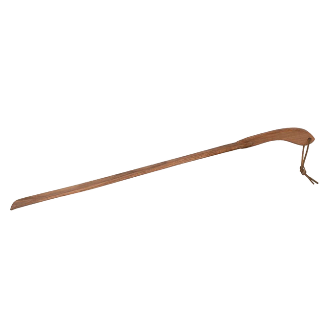 Extra-long handcrafted oiled oak shoe horn with a curved handle and leather hanging strap, designed for easy shoe wearing, featured in Health & Wellness and Household Helpers collections.