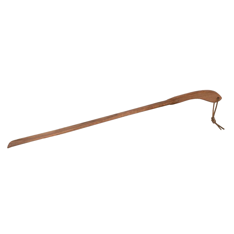 Extra-long handcrafted oiled oak shoe horn with a curved handle and leather hanging strap, designed for easy shoe wearing, featured in Health & Wellness and Household Helpers collections.