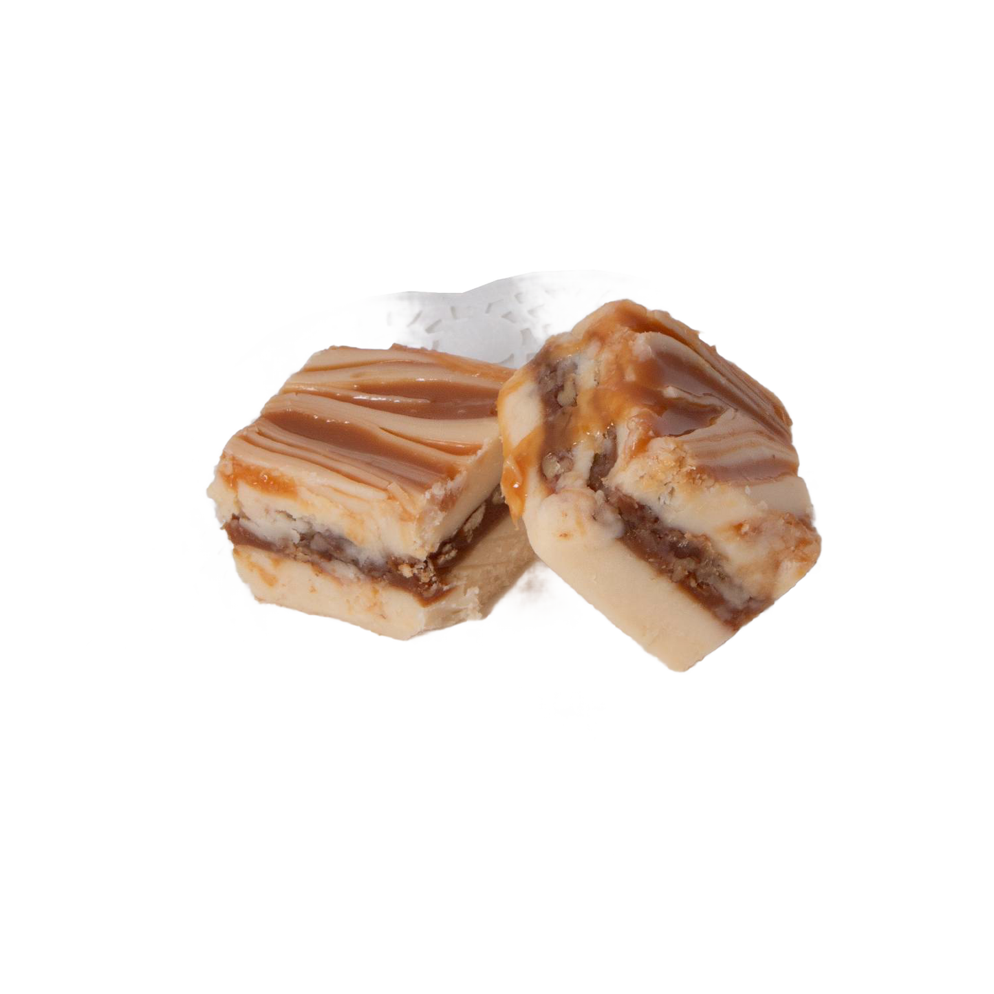 Two handcrafted creamy and caramel swirled fudge pieces with a layered texture, showcased on a decorative white doily, part of Kitchen & Food, Snacks and Sweets, USA Made, and Best Sellers collections.