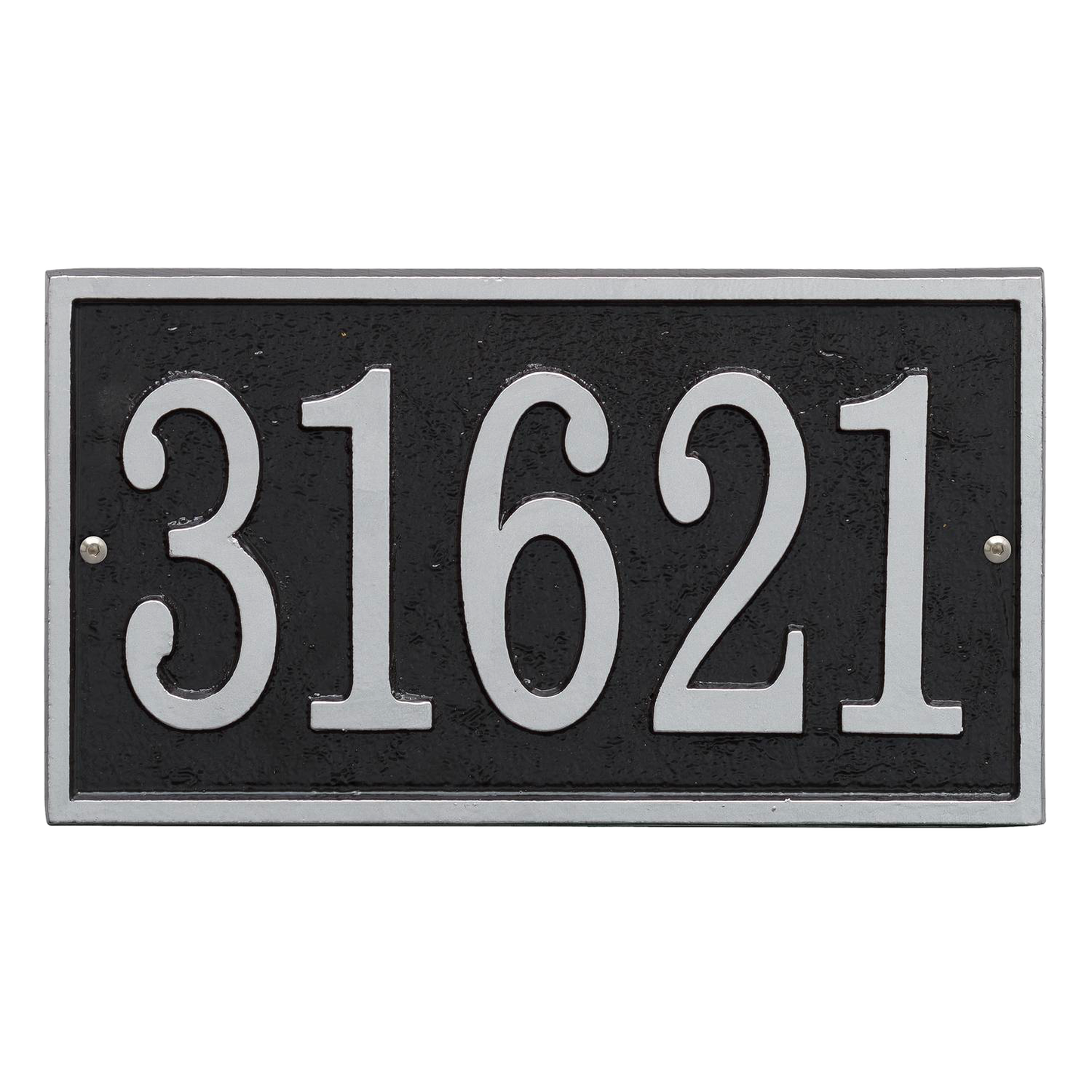 Black and silver rectangular custom address plaque with bold white numbers, handcrafted in the USA, part of Home & Decor and Mailboxes and Address Signs collections.