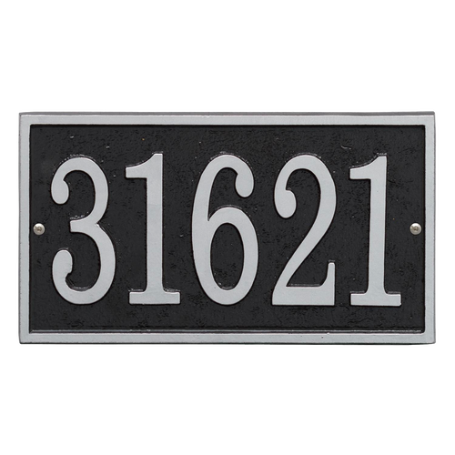 Black and silver rectangular custom address plaque with bold white numbers, handcrafted in the USA, part of Home & Decor and Mailboxes and Address Signs collections.