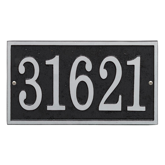 Black and silver rectangular custom address plaque with bold white numbers, handcrafted in the USA, part of Home & Decor and Mailboxes and Address Signs collections.