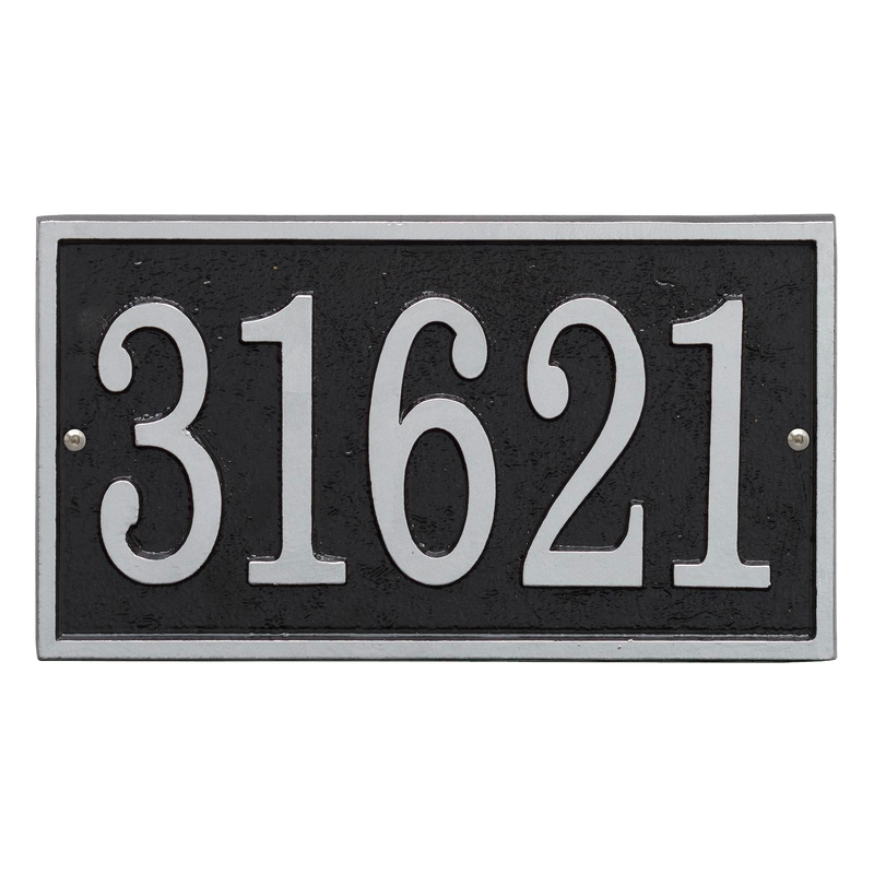 Black and silver rectangular custom address plaque with bold white numbers, handcrafted in the USA, part of Home & Decor and Mailboxes and Address Signs collections.