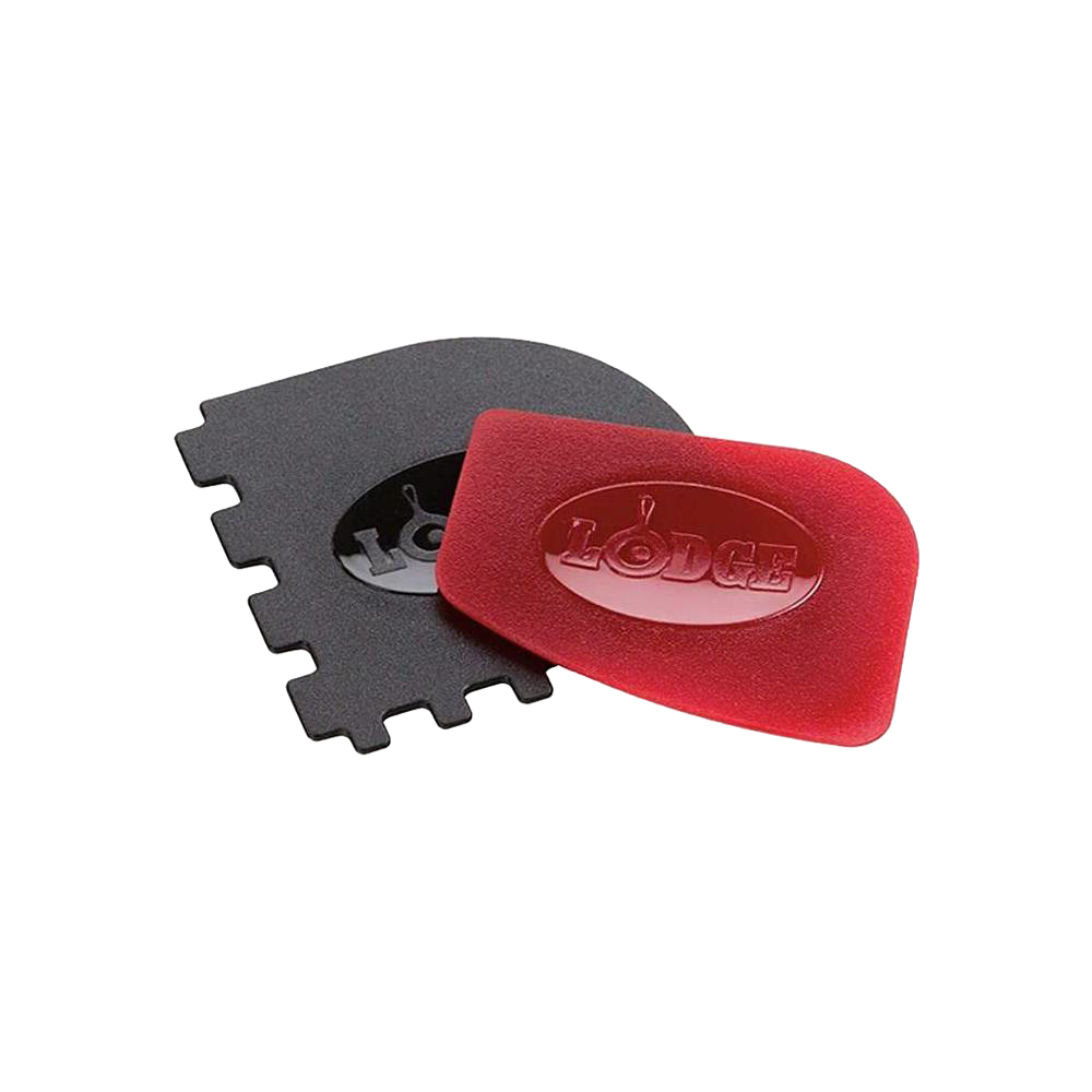 Set of two durable polycarbonate pan scrapers in black and red, designed for easy cast iron cleanup, perfect for Kitchen & Food, Cookware, Cast Iron, Best Sellers, and Promo Eligible collections.