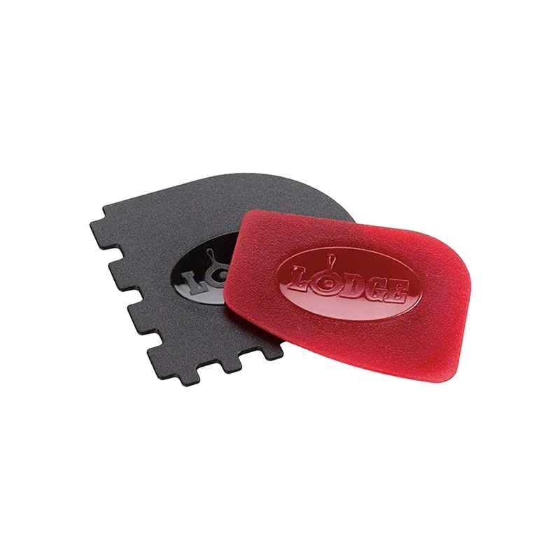 Set of two durable polycarbonate pan scrapers in black and red, designed for easy cast iron cleanup, perfect for Kitchen & Food, Cookware, Cast Iron, Best Sellers, and Promo Eligible collections.