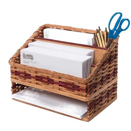 Handcrafted desk organizer with woven Amish-made sides and wooden dividers holding envelopes, pens, and scissors, perfect for Home & Decor, Household Helpers, USA Made, and Best Sellers collections.
