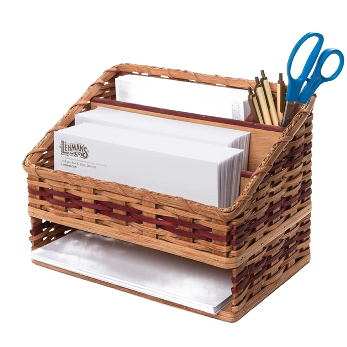 Handcrafted desk organizer with woven Amish-made sides and wooden dividers holding envelopes, pens, and scissors, perfect for Home & Decor, Household Helpers, USA Made, and Best Sellers collections.