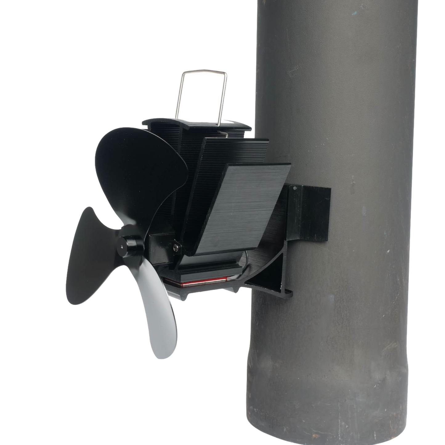 Black three-bladed heat-powered magnetic fan attached to a stove flue pipe with metal fins, designed to circulate warm air, featured in Stoves, Hearth Accessories, Best Sellers, and Promo Eligible collections.