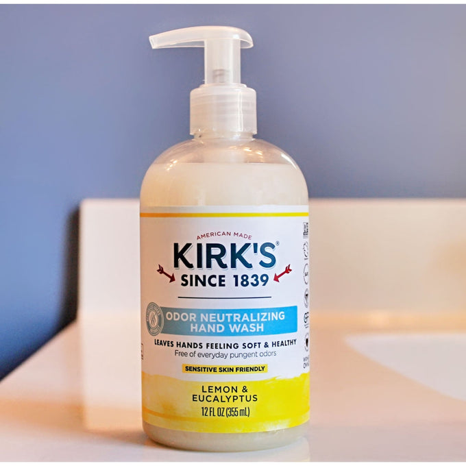Clear plastic pump bottle of Kirk’s lemon and eucalyptus scented odor neutralizing hand wash, made in USA with soothing aloe and coconut oil, featured in Health & Wellness and Soaps collections.