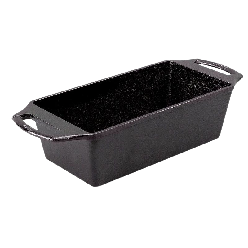 Rectangular cast iron loaf pan with dual handles, seasoned for even heat distribution and retention, handcrafted in USA, ideal for Kitchen & Food and Cast Iron cookware collections.