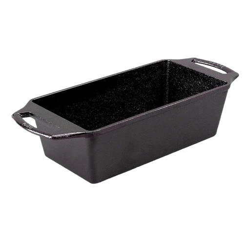 Rectangular cast iron loaf pan with dual handles, seasoned for even heat distribution and retention, handcrafted in USA, ideal for Kitchen & Food and Cast Iron cookware collections.