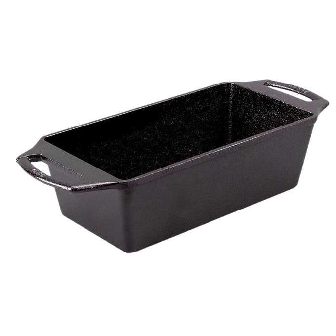 Rectangular cast iron loaf pan with dual handles, seasoned for even heat distribution and retention, handcrafted in USA, ideal for Kitchen & Food and Cast Iron cookware collections.