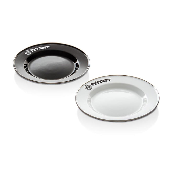 Pair of lightweight durable enamel camping plates in black and white with Petromax logo and heat-resistant finish, ideal for Farm, Garden & Tool, Kitchen & Food, Camping, Dinnerware, Best Sellers, and Promo Eligible collections.