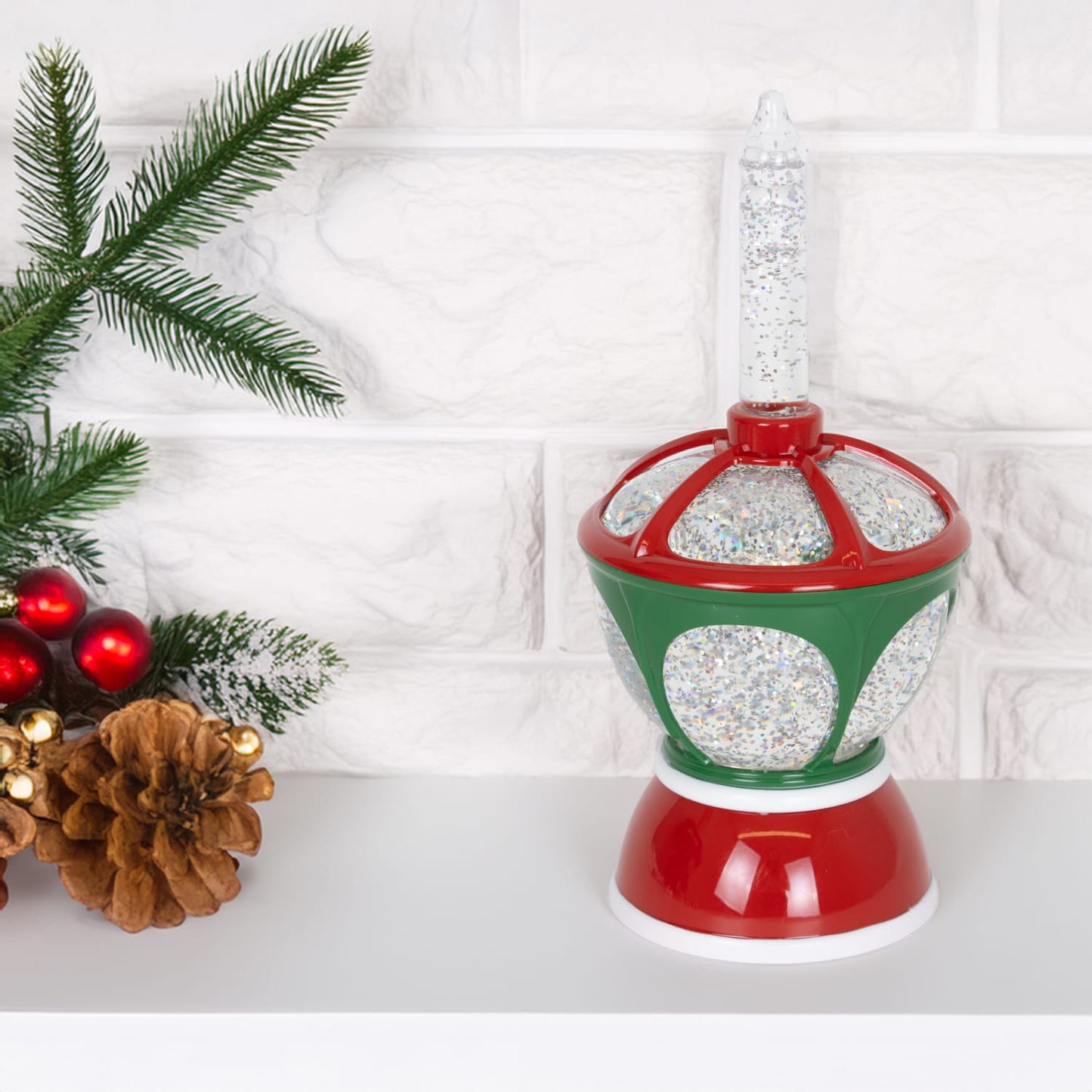 Handcrafted retro-inspired Christmas bubble light with swirling glitter inside a red and green body, perfect for Home & Decor, Holiday Decor, Best Sellers, and Promo Eligible collections.