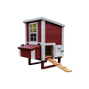 Handcrafted heavy-duty chicken coop with red wooden panels and white trim, featuring a small ramp, window, and nesting box, made in USA for farm, garden & tool and chicken accessories collections.