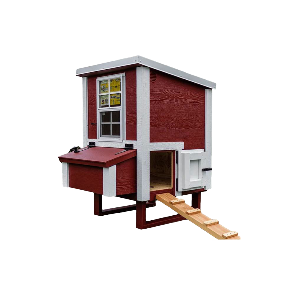 Handcrafted heavy-duty chicken coop with red wooden panels and white trim, featuring a small ramp, window, and nesting box, made in USA for farm, garden & tool and chicken accessories collections.