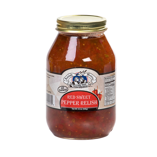 Large glass jar of handcrafted red sweet pepper relish with a gold metal lid, showcasing all-natural ingredients and made in USA for Kitchen & Food, Pantry, Snacks and Sweets, Best Sellers, and Promo Eligible collections.