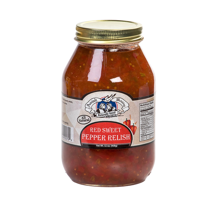 Large glass jar of handcrafted red sweet pepper relish with a gold metal lid, showcasing all-natural ingredients and made in USA for Kitchen & Food, Pantry, Snacks and Sweets, Best Sellers, and Promo Eligible collections.