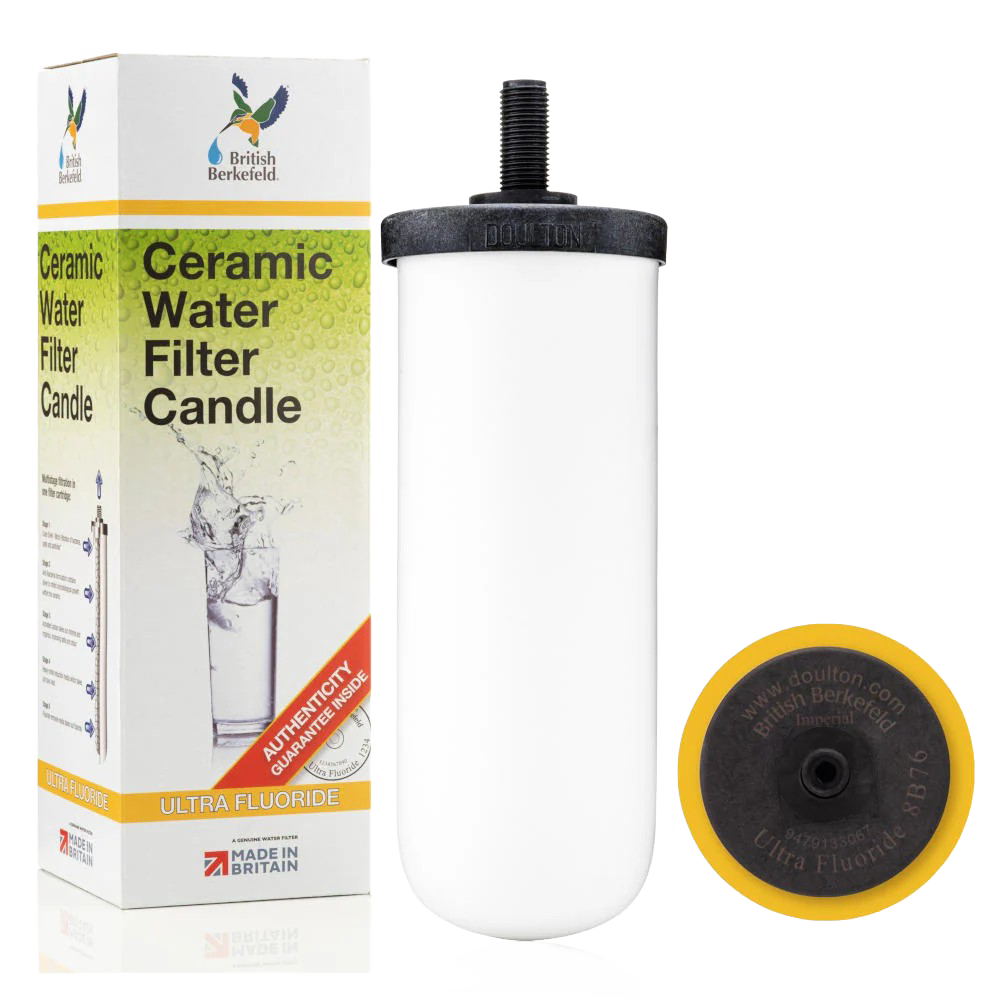 Handcrafted Ultra Fluoride ceramic water filter candle with black top and yellow base, compatible with British Berkefeld gravity systems, perfect for Farm, Garden & Tool, Appliances, Emergency Supplies, and Water Heating and Treatment collections.