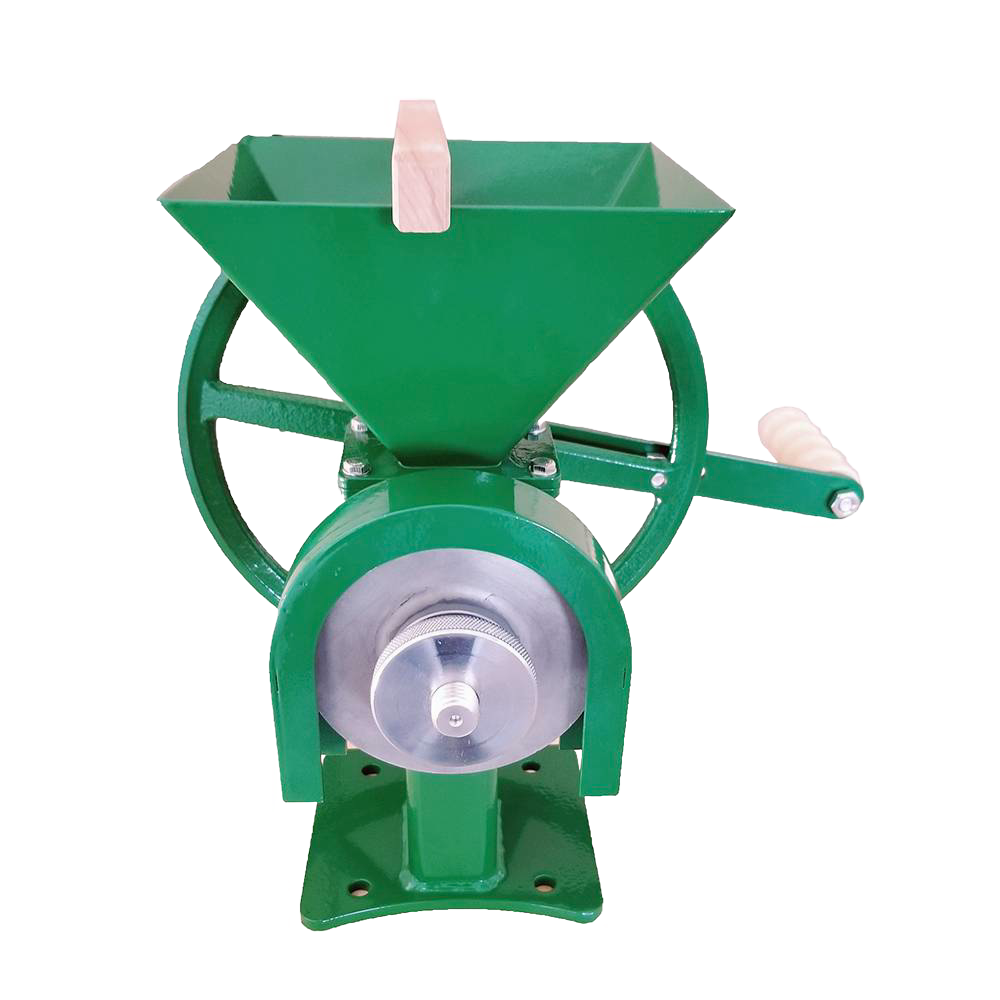Green metal grain mill with wooden handle and sturdy crank wheel, featuring stainless steel grinding burrs, perfect for farm, kitchen, and emergency food preparation needs.