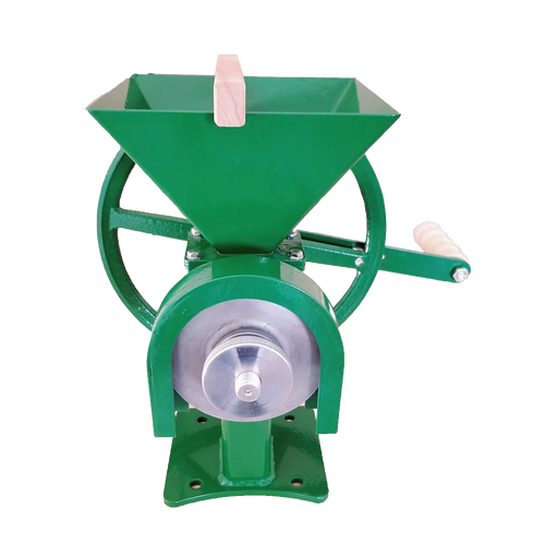 Green metal grain mill with wooden handle and sturdy crank wheel, featuring stainless steel grinding burrs, perfect for farm, kitchen, and emergency food preparation needs.