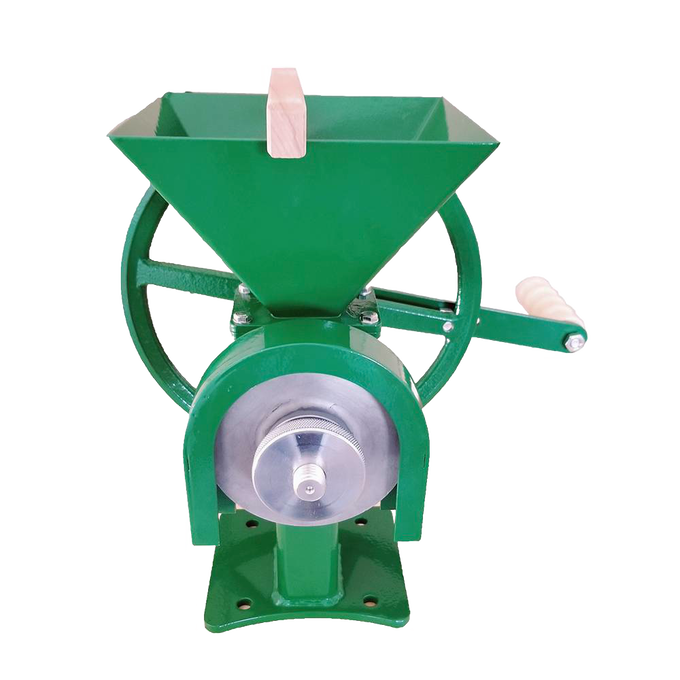 Green metal grain mill with wooden handle and sturdy crank wheel, featuring stainless steel grinding burrs, perfect for farm, kitchen, and emergency food preparation needs.