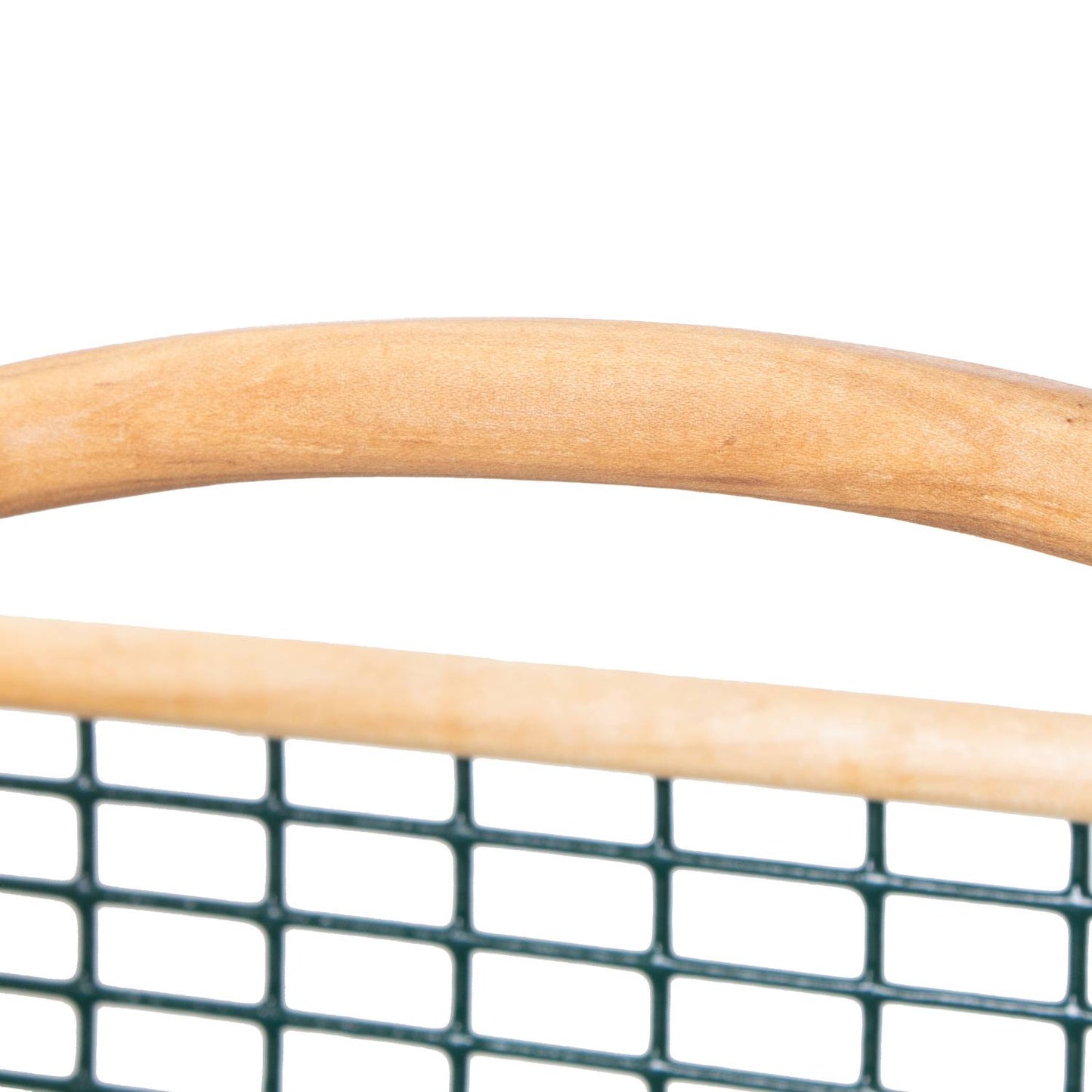 Close-up of a handcrafted Maine garden hod featuring a smooth wooden handle and green wire mesh body, part of Farm, Garden & Tool, Garden Accessories, USA Made, and Best Sellers collections.