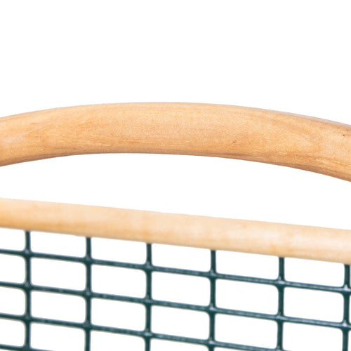Close-up of a handcrafted Maine garden hod featuring a smooth wooden handle and green wire mesh body, part of Farm, Garden & Tool, Garden Accessories, USA Made, and Best Sellers collections.