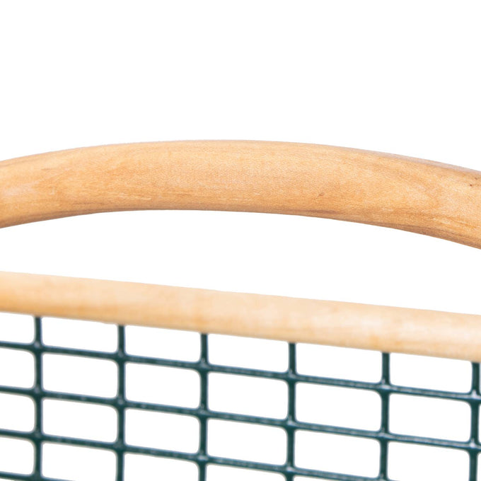 Close-up of a handcrafted Maine garden hod featuring a smooth wooden handle and green wire mesh body, part of Farm, Garden & Tool, Garden Accessories, USA Made, and Best Sellers collections.