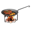 Steel cooking stand supporting a frying pan over an open campfire with steak and seasoned potato wedges, perfect for outdoor use in Farm, Garden & Tool and Camping collections.