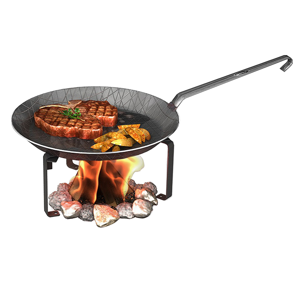 Steel cooking stand supporting a frying pan over an open campfire with steak and seasoned potato wedges, perfect for outdoor use in Farm, Garden & Tool and Camping collections.