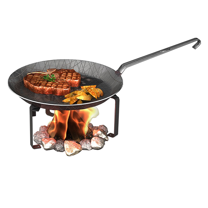Steel cooking stand supporting a frying pan over an open campfire with steak and seasoned potato wedges, perfect for outdoor use in Farm, Garden & Tool and Camping collections.