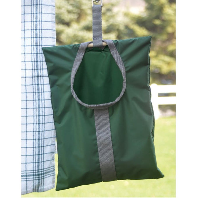 Dark green Amish Clothespin Bag with gray strap and clip, handcrafted in USA, designed for easy sliding on clotheslines, part of Home & Decor and Laundry Supplies collections.