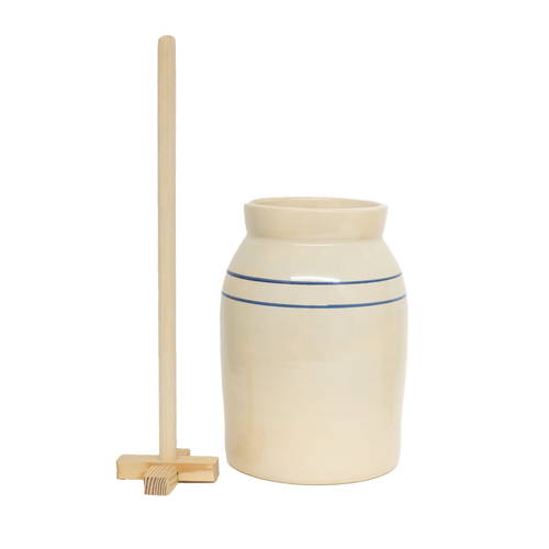 Handcrafted stoneware butter churn in natural stone color with traditional double blue stripes and smooth unfinished wooden dasher, made in USA, featured in Kitchen & Food and Specialty Equipment collections.