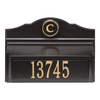 Wall-mounted black and gold custom mailbox featuring a personalized monogram and house number, handcrafted in the USA, perfect for Home & Decor and Mailboxes collections.