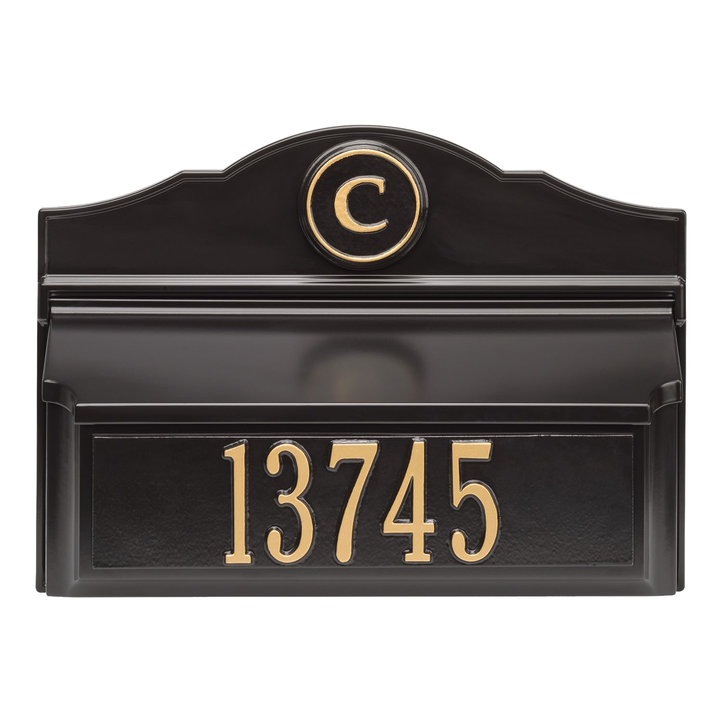 Wall-mounted black and gold custom mailbox featuring a personalized monogram and house number, handcrafted in the USA, perfect for Home & Decor and Mailboxes collections.