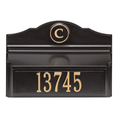Wall-mounted black and gold custom mailbox featuring a personalized monogram and house number, handcrafted in the USA, perfect for Home & Decor and Mailboxes collections.